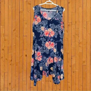 Artizan floral on navy summer dress w asymmetrical hem, packable,  light weight